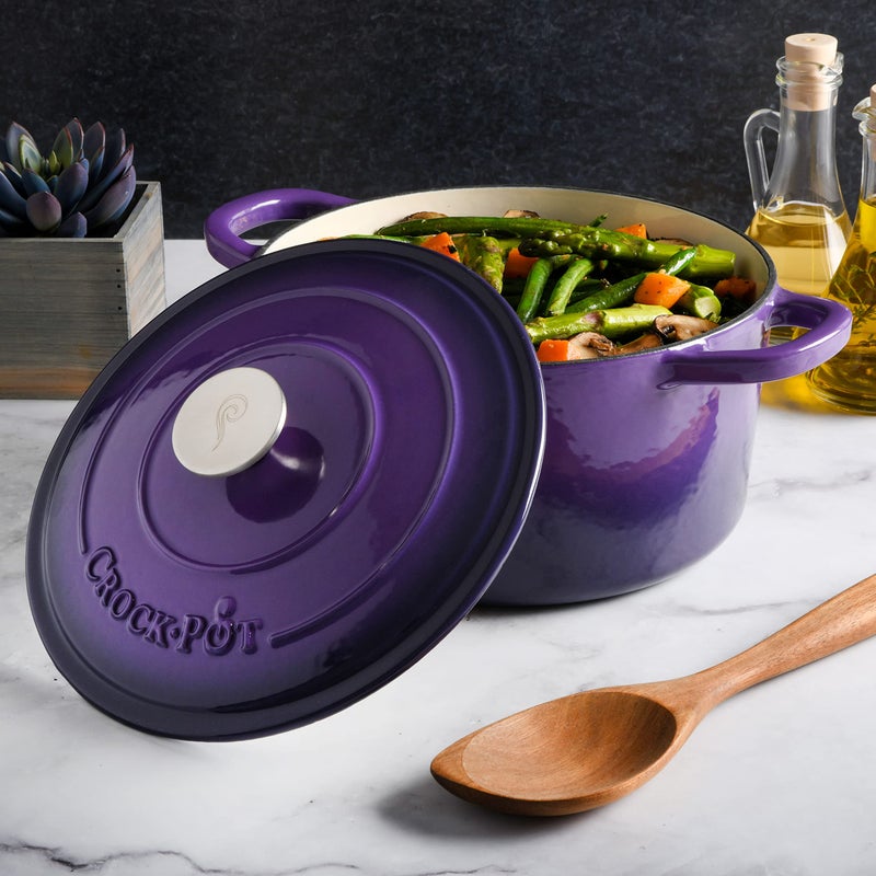 Crock-Pot طاجن كروك-بوت أرتيزان سعة 5 لترات من الحديد الزهر المينا - بنفسجي لافندر، أواني طهي متينة للاستخدام الثقيل للطهي البطيء، الشواء، الخبز مع غطاء - Image 5