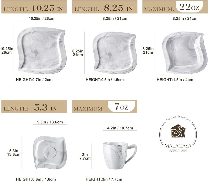 MALACASA مجموعة أدوات المائدة MALACASA لـ 6 أشخاص 30 قطعة من الأطباق والأوعية الخزفية مجموعة أطباق رخامية مع أطباق وأوعية وكوب وصحن أطباق مربعة مجموعة أدوات المائدة الحديثة سلسلة إلفيرا - Image 2