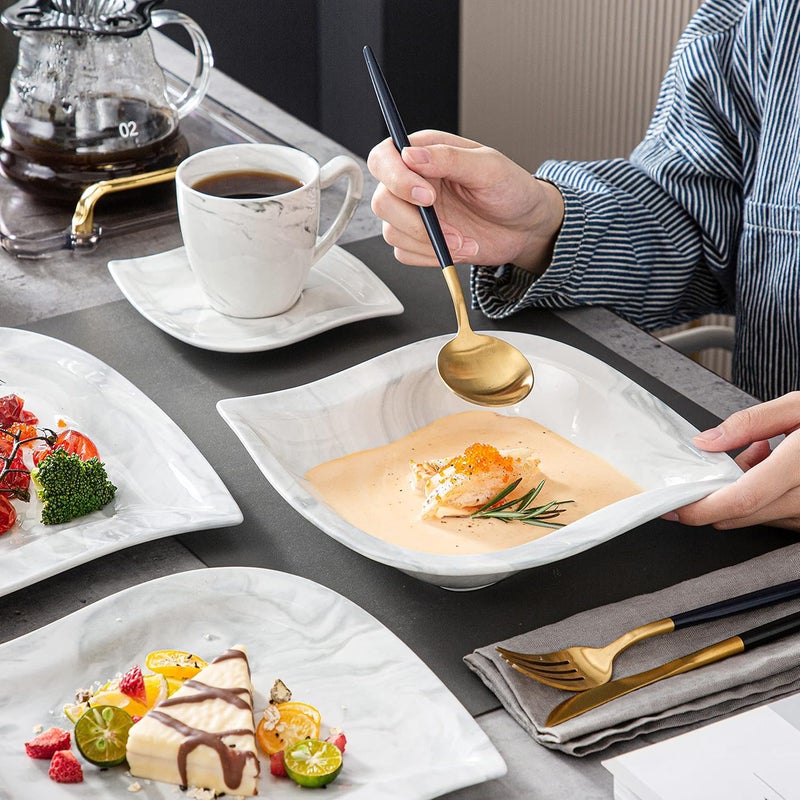 MALACASA مجموعة أدوات المائدة MALACASA لـ 6 أشخاص 30 قطعة من الأطباق والأوعية الخزفية مجموعة أطباق رخامية مع أطباق وأوعية وكوب وصحن أطباق مربعة مجموعة أدوات المائدة الحديثة سلسلة إلفيرا - Image 5