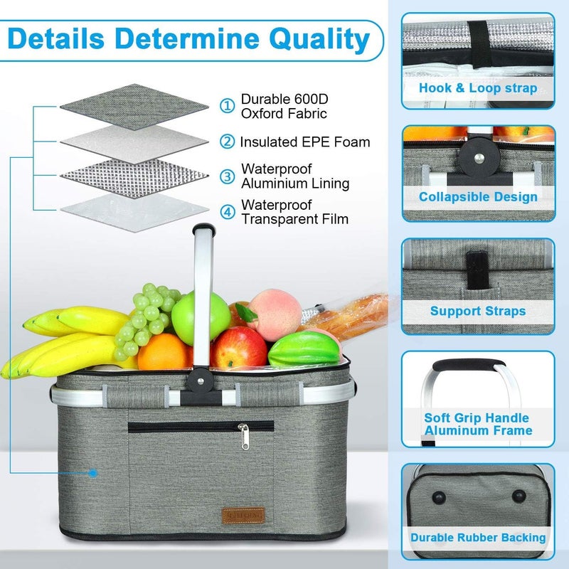 LIQING 35L Large Picnic Basket 2 Layers of Internal Pockets Leak-Proof and Insulated ，Folding with Internal Support for enhansed Stability, Wedding Gifts for Couple(Grey) - Image 3