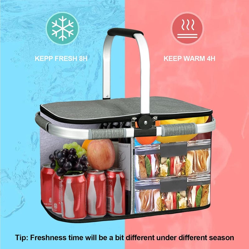 LIQING 35L Large Picnic Basket 2 Layers of Internal Pockets Leak-Proof and Insulated ，Folding with Internal Support for enhansed Stability, Wedding Gifts for Couple(Grey) - Image 4