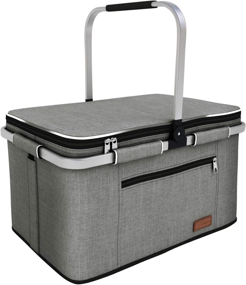 LIQING 35L Large Picnic Basket 2 Layers of Internal Pockets Leak-Proof and Insulated ，Folding with Internal Support for enhansed Stability, Wedding Gifts for Couple(Grey) - Image 1