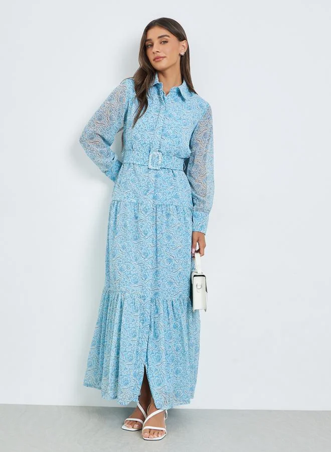 Blue All Over Print Maxi Dress with Belt