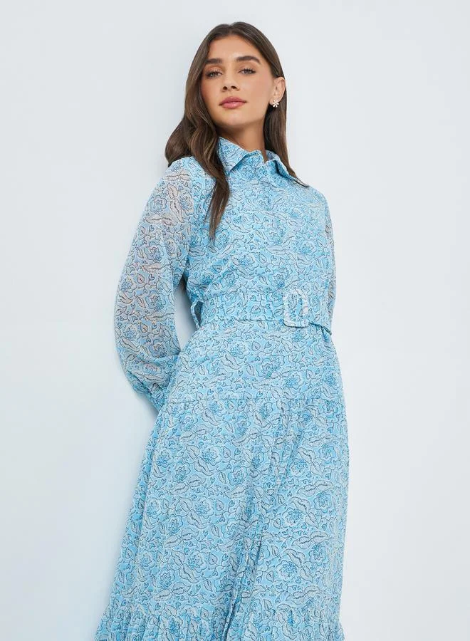 Styli Blue All Over Print Maxi Dress with Belt