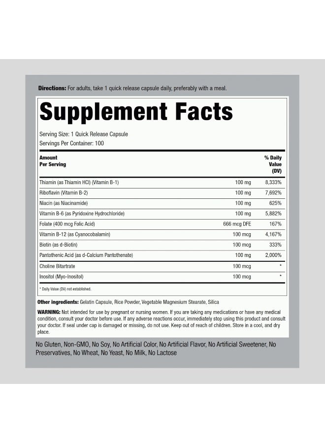 Piping Rock Vitamin B-100 Complex | 100 Capsules | Vitamins B12, B1, B2, B6 | Non-GMO, Gluten Free Supplement - Image 2