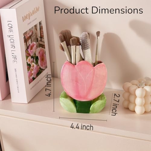 lyvantha Pink Pencil Holder,Ceramic Tulip Pen Holder, Multi-Purpose Makeup Brush, Aesthetic Office Vanity Kitchen Desktop Decor,Perfect Birthday Christmas Gift for Women Girls - Image 2