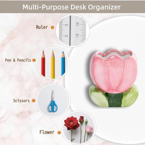 lyvantha Pink Pencil Holder,Ceramic Tulip Pen Holder, Multi-Purpose Makeup Brush, Aesthetic Office Vanity Kitchen Desktop Decor,Perfect Birthday Christmas Gift for Women Girls - Image 5