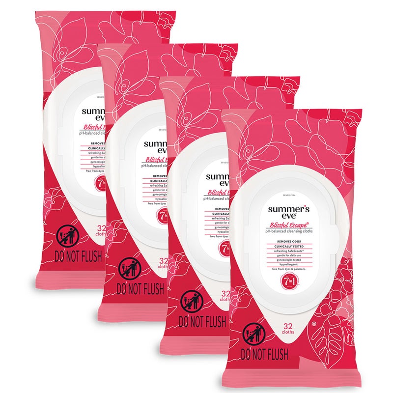 Summer's Eve Blissful Escape Feminine Wipes, Gentle pH-Balanced Formula Helps Control Vaginal Odor, Resealable Pack, 32 Wipes, Pack of 4 - Image 1
