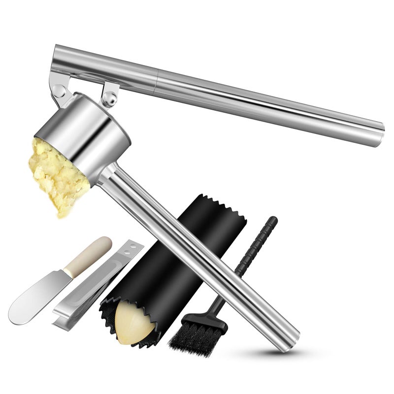 BMCASEQP 5-in-1 Stainless Steel Garlic Press Set with Jumbo Chamber & Mincer - Heavy Duty Rustproof Garlic Crusher with Ergonomic Handle, Dishwasher Safe, Easy Squeeze Design for Ginger, Nuts, Herbs - Image 1