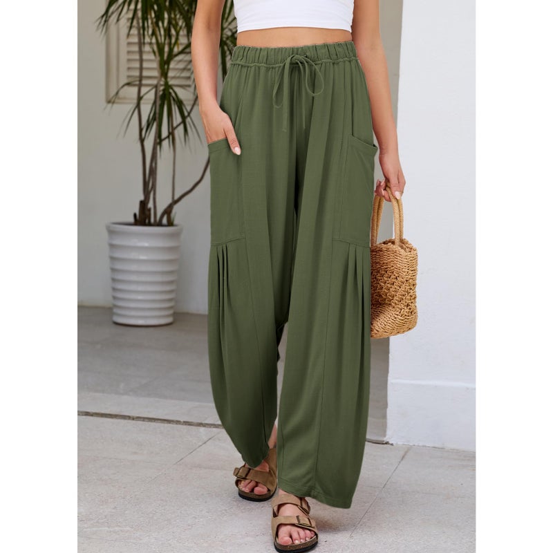 Duyang Women Linen Wide Leg Pants Casual Summer Palazzo Pants Beach Vacation Outfits Flowy Loose Trousers with Pockets(Army-Green,S) - Image 3