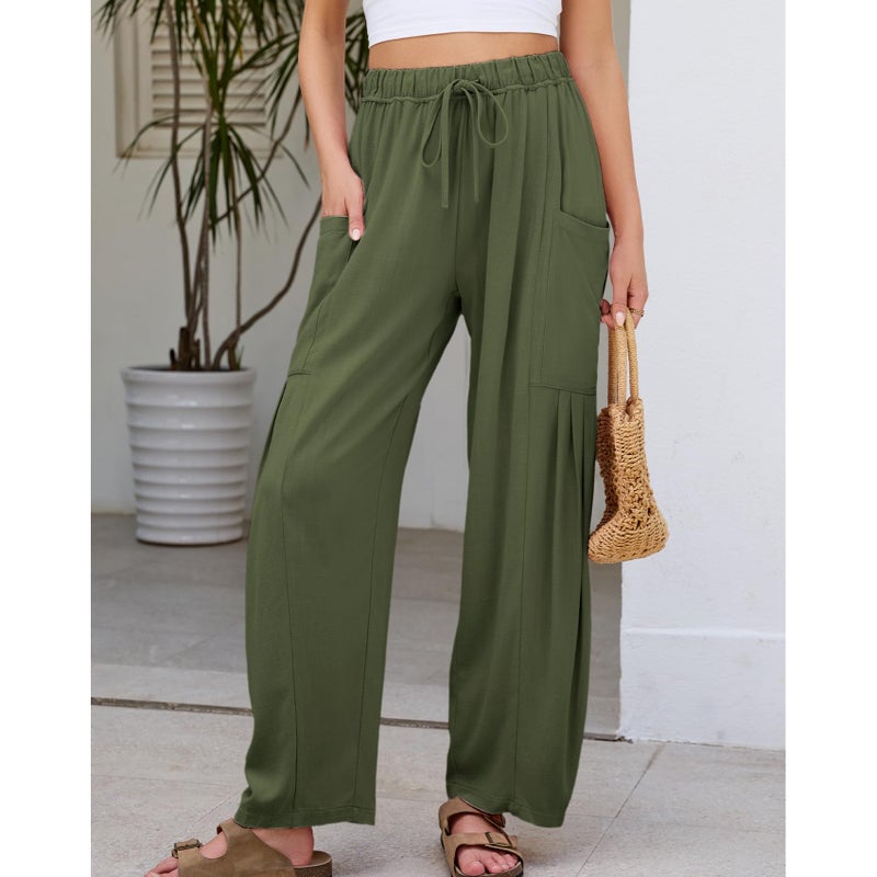 Duyang Women Linen Wide Leg Pants Casual Summer Palazzo Pants Beach Vacation Outfits Flowy Loose Trousers with Pockets(Army-Green,S) - Image 2