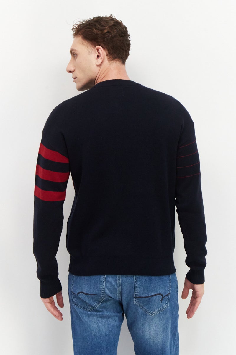 PERRY ELLIS Men Crew Neck Long Sleeve Two Tone Sweater, Navy - Image 3