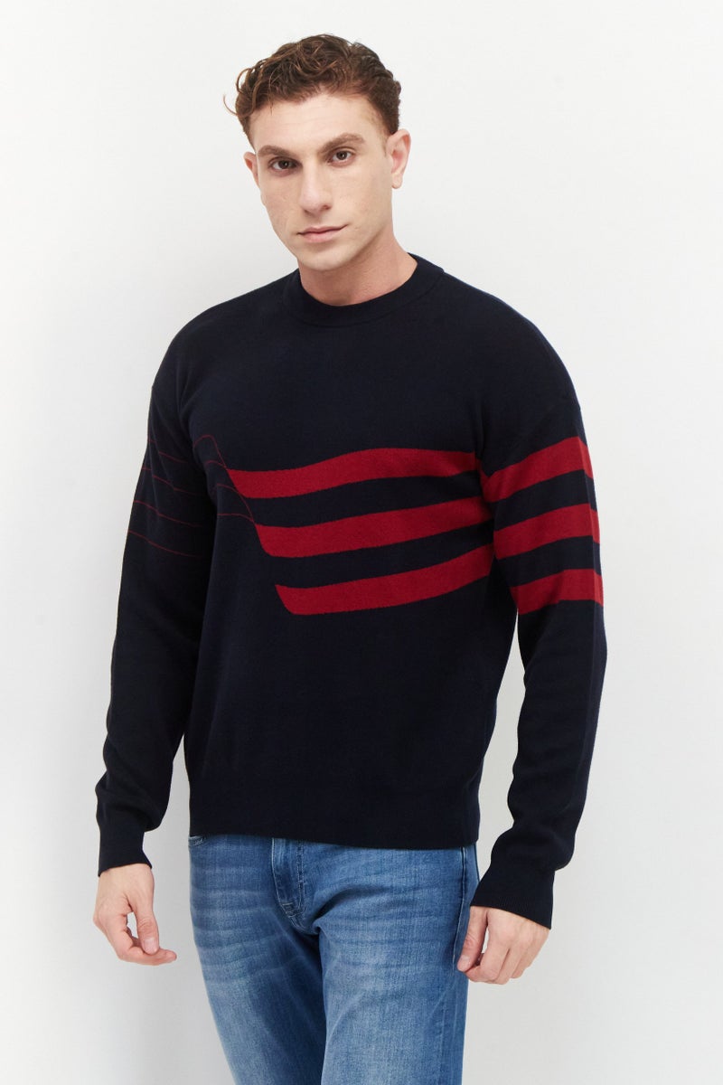 PERRY ELLIS Men Crew Neck Long Sleeve Two Tone Sweater, Navy - Image 1