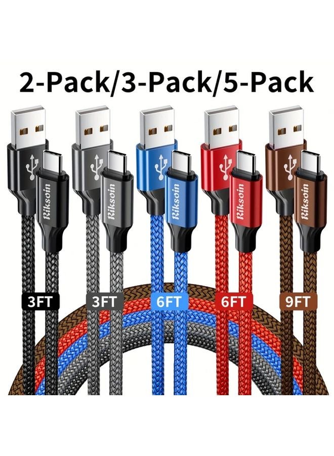 5 قطعة كابل شاحن من النايلون المنسوج من USB A إلى Type C مقاس 3 قدم 6 قدم 9 قدم للهاتف اللوحي - Image 1