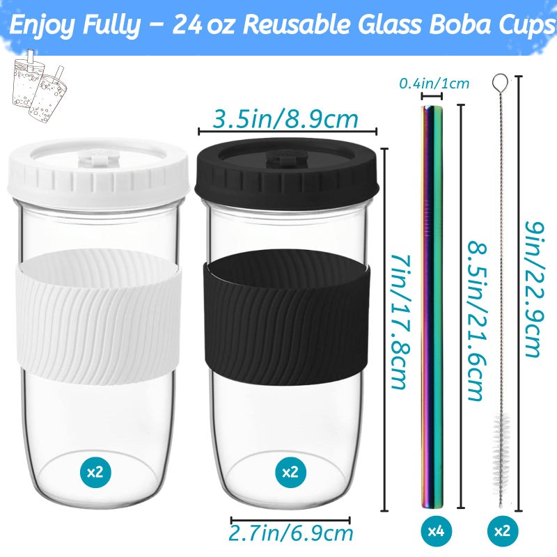 Youeon 4 Pack 24 Oz Reusable Boba Cups with Lids and Straw, Iced Coffee & Smoothie Cups, Bubble Tea & Mason Jar Style with Silicone Sleeve, BPA Free, Dishwasher Safe, 2 Colors - Image 2