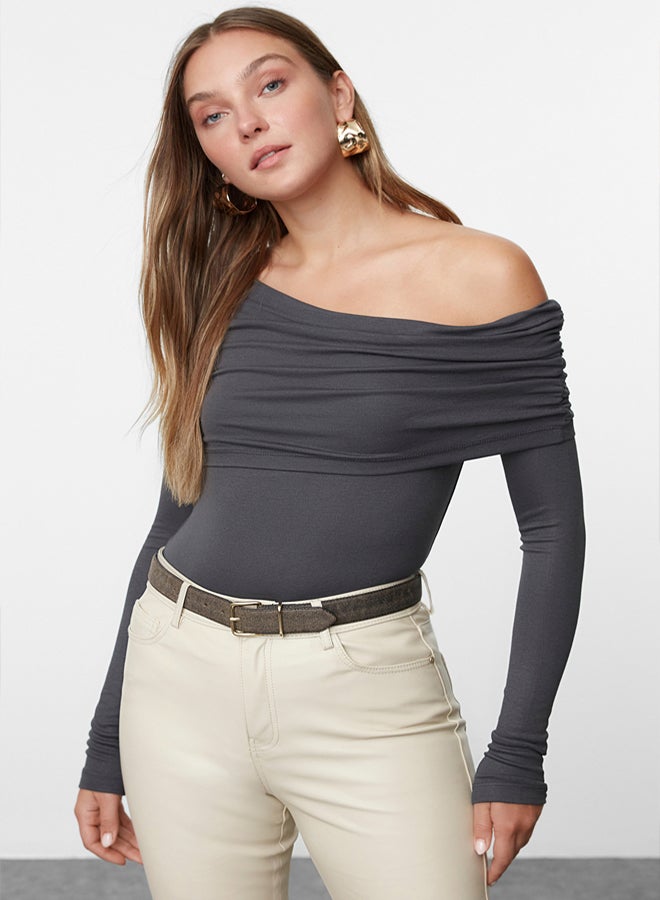 trendyol Anthracite Asymmetric Collar Fitted/Fits Body Flexible Knitted Blouse TWOAW25BZ00262 - Image 1