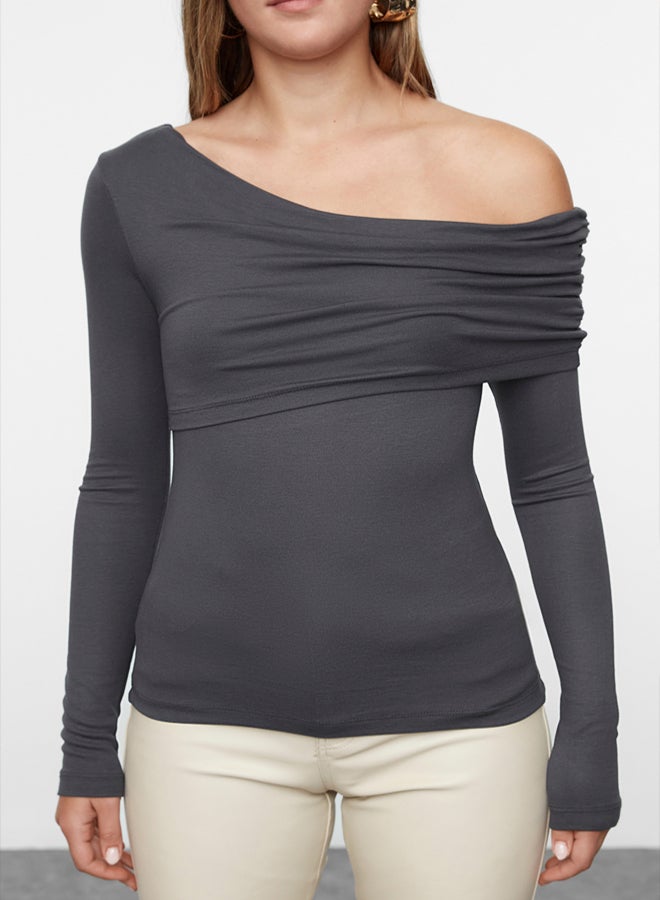 trendyol Anthracite Asymmetric Collar Fitted/Fits Body Flexible Knitted Blouse TWOAW25BZ00262 - Image 3