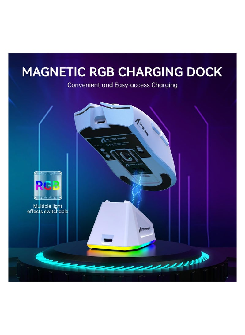 هجوم القرش X11 Lightweight Wireless Gaming Mouse with RGB Charging Dock,Tri-Mode-2.4G/USB-C Wired/BT,22K DPI,PAW3311 Optical Sensor,HUYU Switch, 5 programmable Buttons for PC/Mac(White) - Image 4