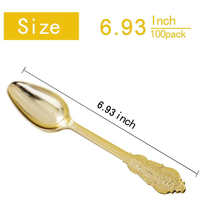 WDF ملاعق بلاستيكية ذهبية قابلة للتصرف 100 قطعة - ملاعق باروك الذهب بطول 6.93 بوصة لأدوات المائدة البلاستيكية للحلويات والكعك - ملاعق بلاستيكية قوية للحفلات والزفاف أو الاستخدام اليومي - Image 2