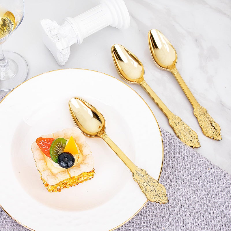 WDF ملاعق بلاستيكية ذهبية قابلة للتصرف 100 قطعة - ملاعق باروك الذهب بطول 6.93 بوصة لأدوات المائدة البلاستيكية للحلويات والكعك - ملاعق بلاستيكية قوية للحفلات والزفاف أو الاستخدام اليومي - Image 1