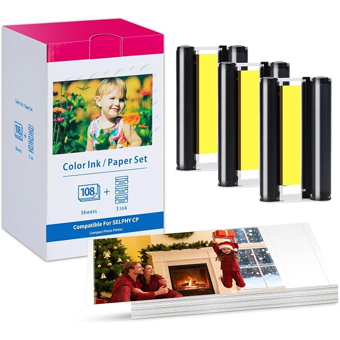 Freshworld KP-108IN CP1300 Ink and Paper Compatible for Selphy CP1300 CP1500 CP1200 CP1000 CP910 CP900 CP810 CP760 CP770 CP780, KP108 3 Color Ink Cartridges and 108 Sheets Glossy 4x6 Photo Paper