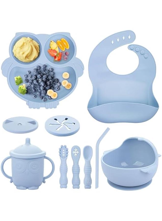 HOOKOR Baby Weaning Set, Silicone Baby Feeding Set(9 Pcs), Toddler Weaning Set with Adjustable Bib, Suction Bowl, Plate, Fork, Spoon, Water & Snack Cup Kit, Baby Led Weaning Kit (Blue) - Image 1