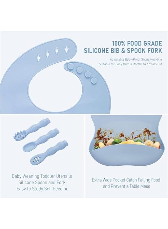 HOOKOR Baby Weaning Set, Silicone Baby Feeding Set(9 Pcs), Toddler Weaning Set with Adjustable Bib, Suction Bowl, Plate, Fork, Spoon, Water & Snack Cup Kit, Baby Led Weaning Kit (Blue) - Image 3