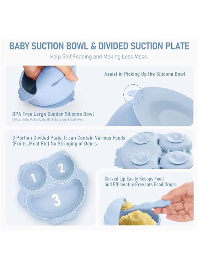 HOOKOR Baby Weaning Set, Silicone Baby Feeding Set(9 Pcs), Toddler Weaning Set with Adjustable Bib, Suction Bowl, Plate, Fork, Spoon, Water & Snack Cup Kit, Baby Led Weaning Kit (Blue) - Image 4