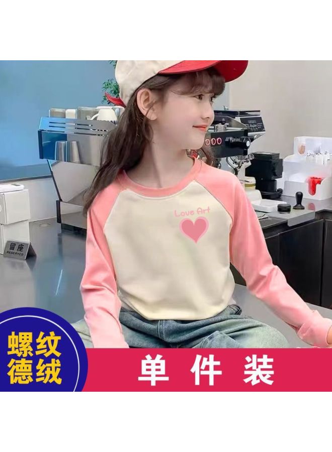 Girls' Ribbed Thermal Round Neck Base Shirt Autumn Winter New Color-block Long-sleeve Top For Older Children