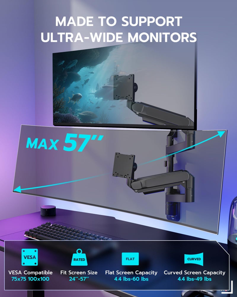 ARES WING Dual Monitor Wall Mount for 24-57 Inch Ultrawide Screens, Premium Heavy Duty Monitor Arm Holds 60 lbs, Full Motion Gas Spring, Bearing Head for Easy Adjustment, 75/100 VESA Mount, Black - Image 2