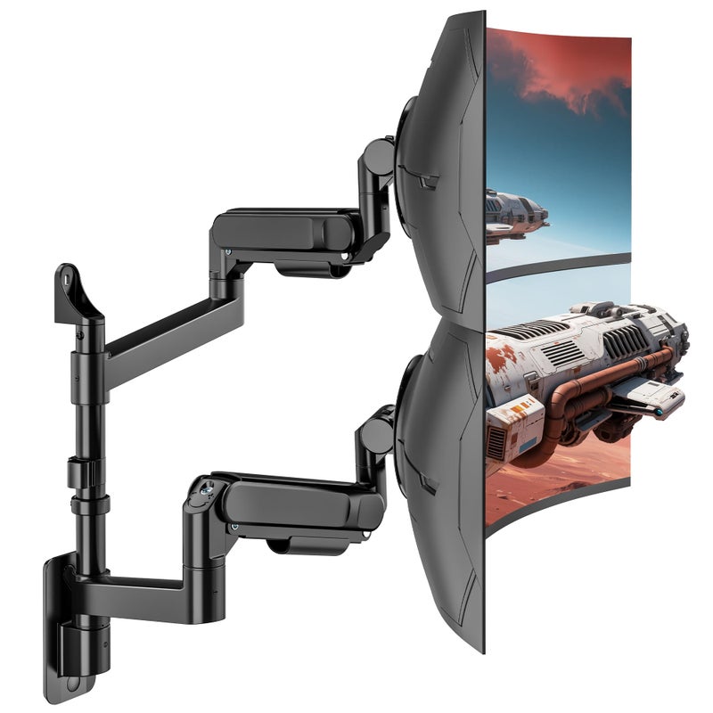ARES WING Dual Monitor Wall Mount for 24-57 Inch Ultrawide Screens, Premium Heavy Duty Monitor Arm Holds 60 lbs, Full Motion Gas Spring, Bearing Head for Easy Adjustment, 75/100 VESA Mount, Black - Image 1