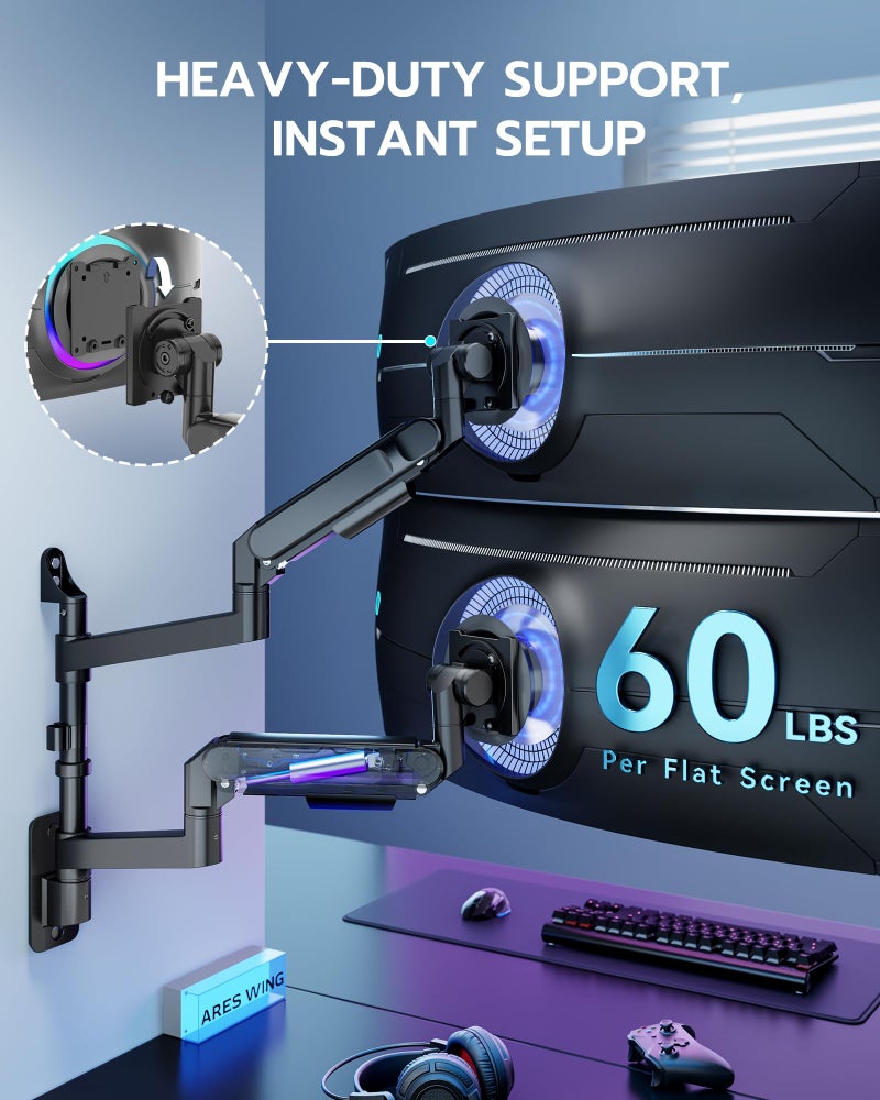 ARES WING Dual Monitor Wall Mount for 24-57 Inch Ultrawide Screens, Premium Heavy Duty Monitor Arm Holds 60 lbs, Full Motion Gas Spring, Bearing Head for Easy Adjustment, 75/100 VESA Mount, Black - Image 3