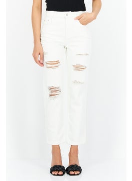 Women Mom Fit Rip Non Stretchable Jeans, White
