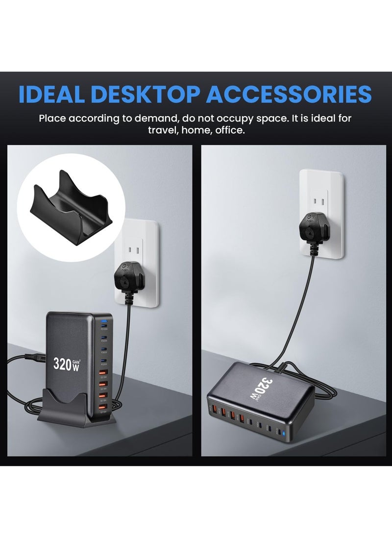 شاحن USB C بقدرة 320 واط، شاحن USB C، 8 منافذ للشحن السريع من النوع C، محول شاحن لابتوب بقدرة 100 واط/65 واط/20 واط لجهاز iPad iPhone 15 15 14 13 12 12 11 Pro Max وغيرها