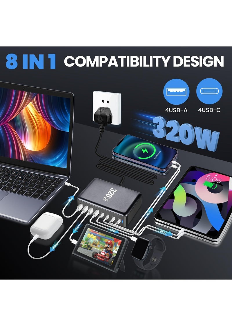 شاحن USB C بقدرة 320 واط، شاحن USB C، 8 منافذ للشحن السريع من النوع C، محول شاحن لابتوب بقدرة 100 واط/65 واط/20 واط لجهاز iPad iPhone 15 15 14 13 12 12 11 Pro Max وغيرها