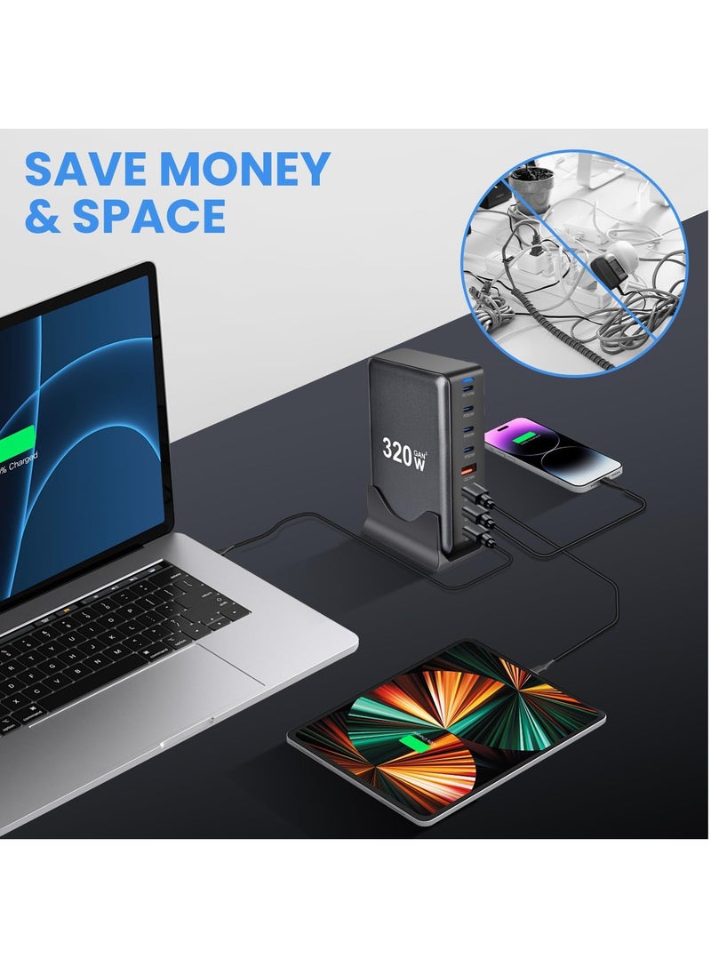 شاحن USB C بقدرة 320 واط، شاحن USB C، 8 منافذ للشحن السريع من النوع C، محول شاحن لابتوب بقدرة 100 واط/65 واط/20 واط لجهاز iPad iPhone 15 15 14 13 12 12 11 Pro Max وغيرها