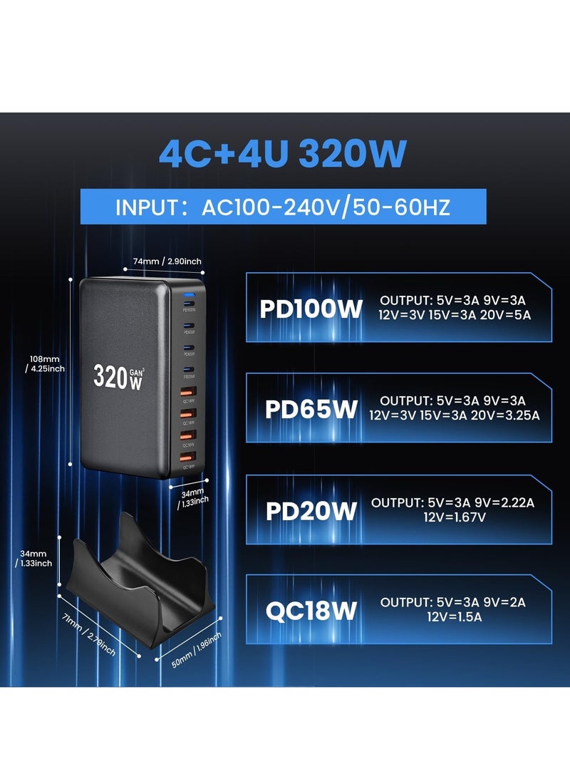 شاحن USB C بقدرة 320 واط، شاحن USB C، 8 منافذ للشحن السريع من النوع C، محول شاحن لابتوب بقدرة 100 واط/65 واط/20 واط لجهاز iPad iPhone 15 15 14 13 12 12 11 Pro Max وغيرها