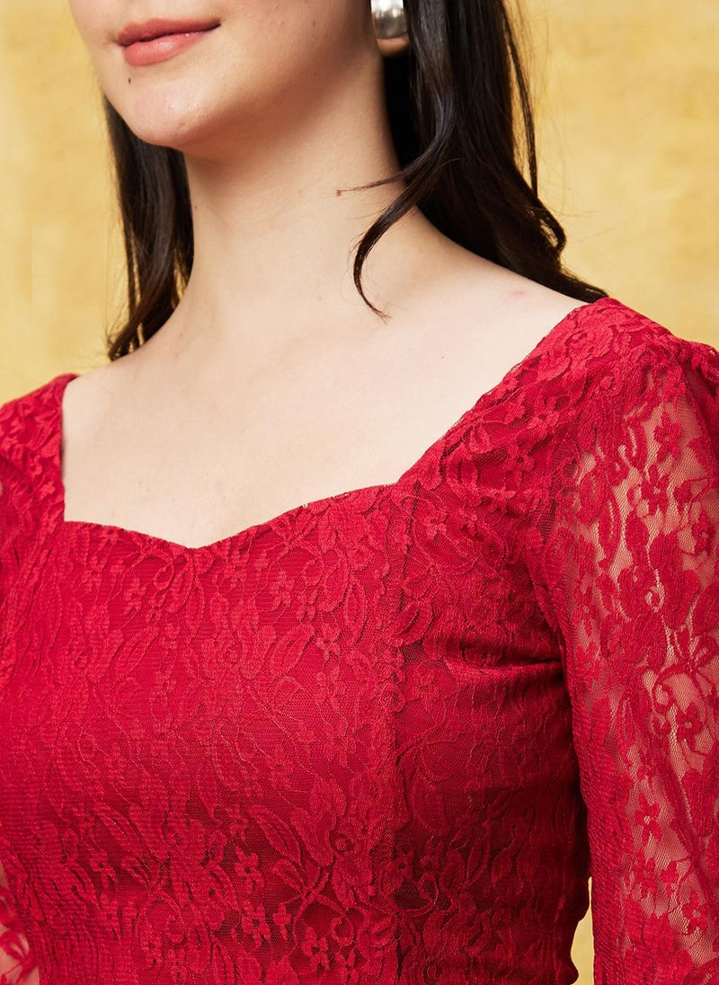 Globus Women's Red Lace Party Top with Sweetheart Neck and Puff Sleeves - Image 5