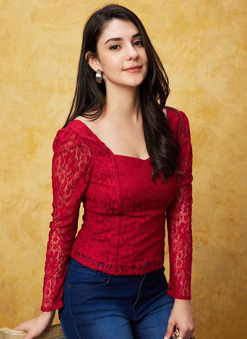 Globus Women's Red Lace Party Top with Sweetheart Neck and Puff Sleeves - Image 1