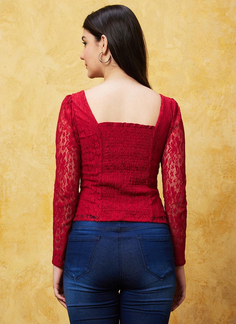 Globus Women's Red Lace Party Top with Sweetheart Neck and Puff Sleeves - Image 4