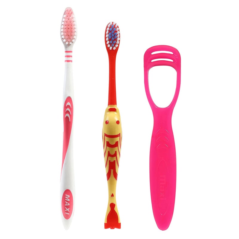 MAXI Oral Care Combo of 12-4 Oval Grip Adults Soft Toothbrush, 4 Goldie Junior Kids Soft Toothbrush & 4 TC 1 Number Tongue Cleaner - Image 1