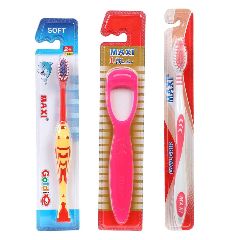 MAXI Oral Care Combo of 12-4 Oval Grip Adults Soft Toothbrush, 4 Goldie Junior Kids Soft Toothbrush & 4 TC 1 Number Tongue Cleaner - Image 3