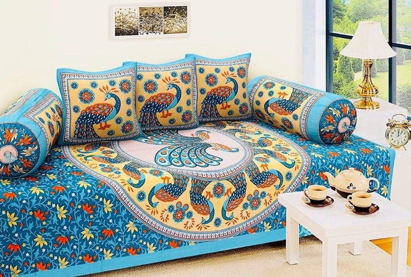 EcoDeco 100% Pure Cotton Jaipuri Diwan Set of 6 Pcs (1 Bedsheet, 2 Bolster Cover, 3 Cushion Cover) | Cotton Diwan Set for Drawing Room, Living Room and Bedroom (Green-Peacock) - Image 1