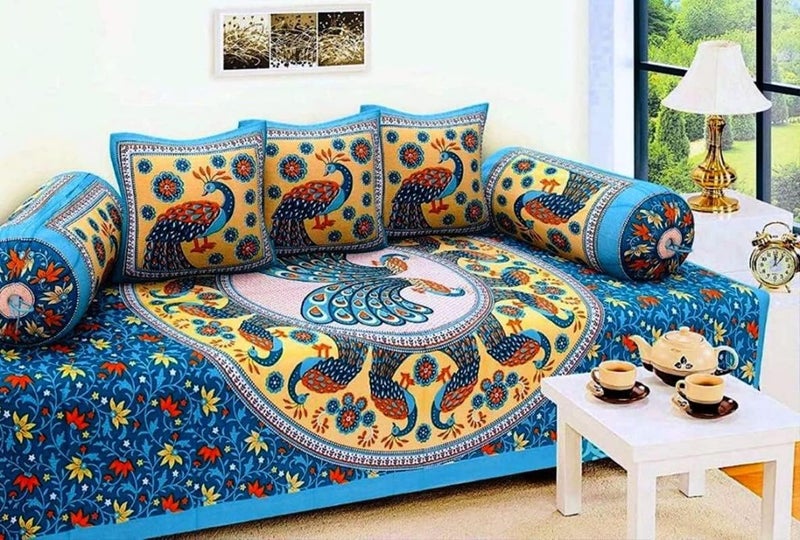 EcoDeco 100% Pure Cotton Jaipuri Diwan Set of 6 Pcs (1 Bedsheet, 2 Bolster Cover, 3 Cushion Cover) | Cotton Diwan Set for Drawing Room, Living Room and Bedroom (Green-Peacock) - Image 2