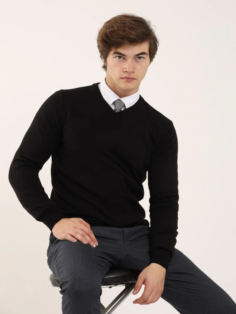 Black Men's Slim Fit V-Neck Knitwear - 91127