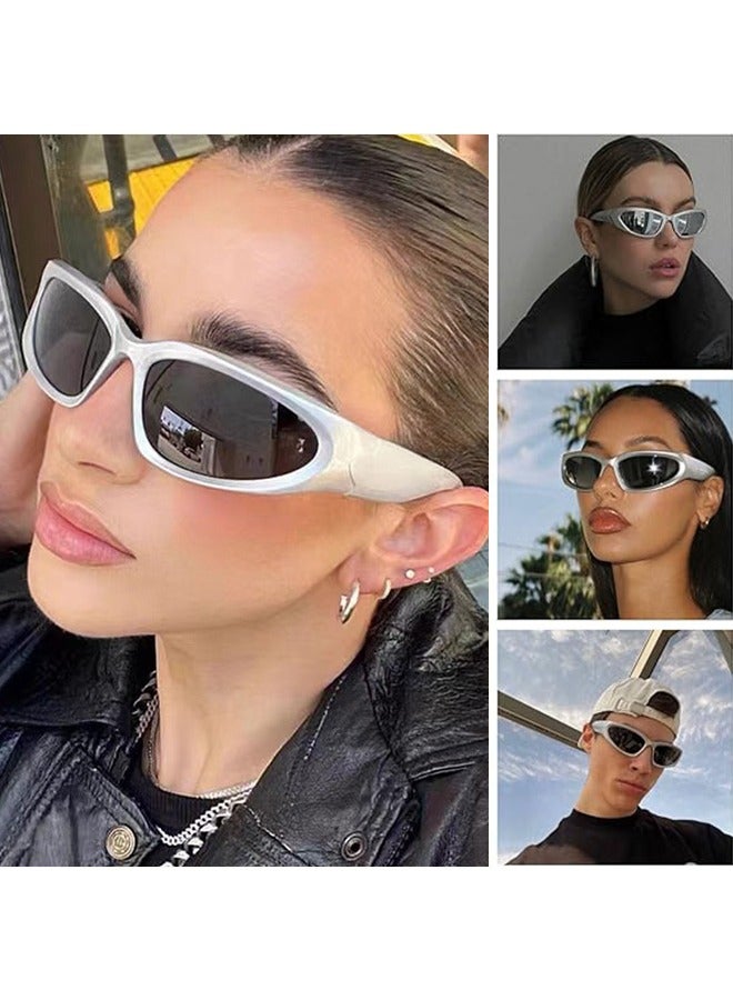 نظارات شمسية بأطراف متداخلة مع حماية من الأشعة فوق البنفسجية، تصميم Y2K، نظارات بيضاوية، نظارات رياضية واقية مع تقنية UV400، (فضي) - Image 3