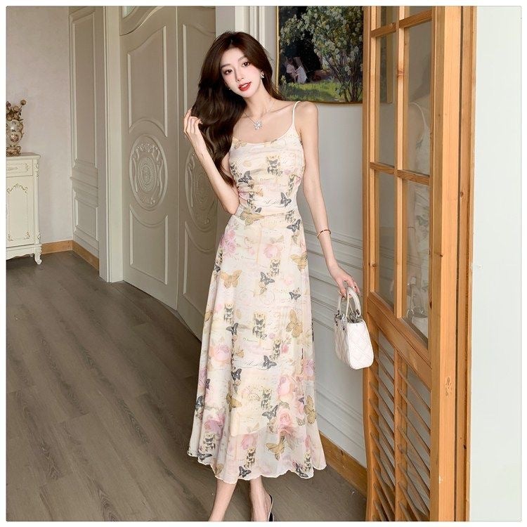 Tea Break French Style Elegant Tight Waist A- Line Floral dress Childrens Summer Long Dress 2024 Summer New Style Slip Dress Picture color (with lining)