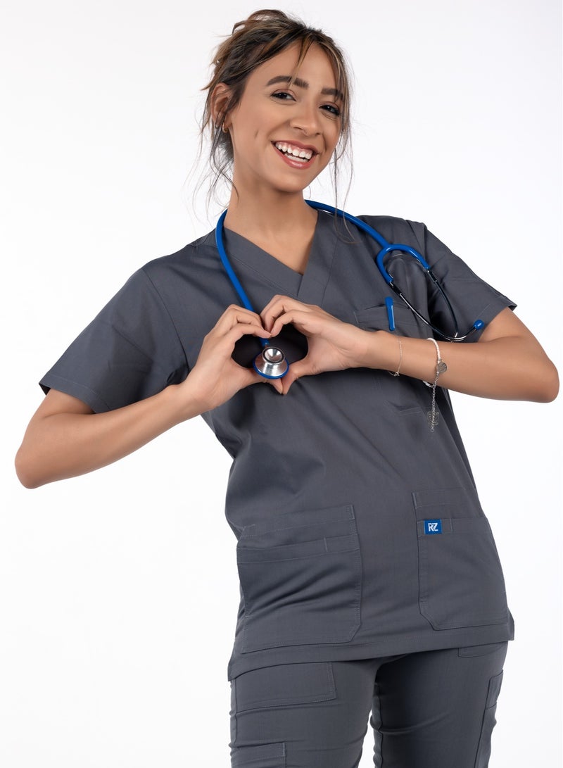 RZ Scrub for womenRZ1 Women's Medical Scrub Grey, Comfortable and soft lycra polyester blend, 2-piece set, ideal for medical environments.  - Image 2