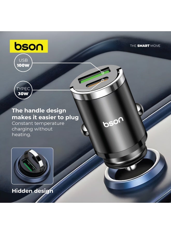 BSON محول السيارة فائق السرعة 53 واط، منفذي USB، USB-A و USB-C، شحن أسرع 5 مرات، QC3.0 100 واط كحد أقصى، PD 30 واط، ملحق سيارة متين ومضغوط، للاستخدام اليومي والسفر، مناسب للرحلات البرية - Image 2