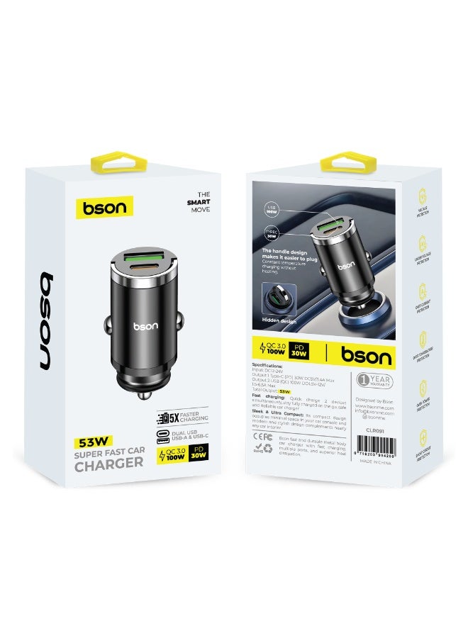 BSON محول السيارة فائق السرعة 53 واط، منفذي USB، USB-A و USB-C، شحن أسرع 5 مرات، QC3.0 100 واط كحد أقصى، PD 30 واط، ملحق سيارة متين ومضغوط، للاستخدام اليومي والسفر، مناسب للرحلات البرية - Image 3